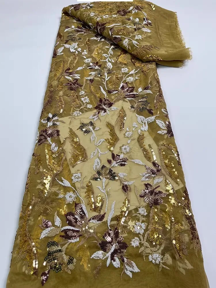 

1yard Sequin bead tube embroidery telas con bordado luxury Gauze Fabrics Fashion Design Wedding Dress diy sewing fabric