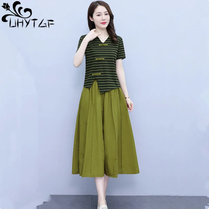 

UHYTGF Vintage Summer Dress Women New Irregular Short Sleeve Stripe Tops Half Skirt Literary Two Piece Suit Female Skirt Set 370