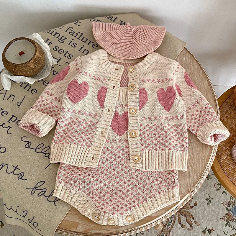 2024 New Autumn Children Knitted Clothes Suit Long Sleeved Knitted Cardigan+Jumpsuit Infant Baby Girls Knitted Clothing Set