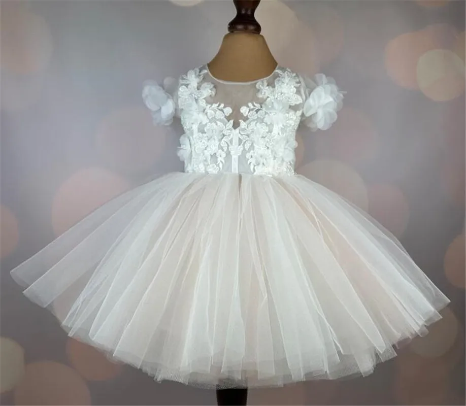 Vestido de flores blanco marfil con manga de casquillo para niña, vestido de tul de encaje Floral para bautizo, vestido de cumpleaños para niño pequeño, vestido de fiesta de graduación