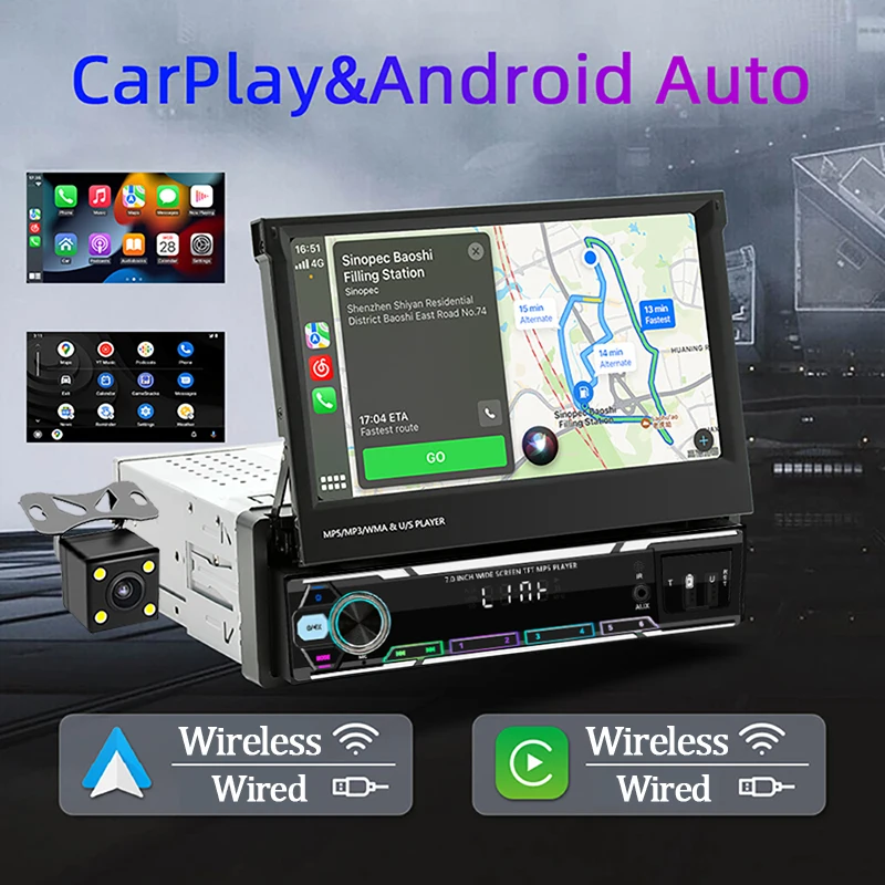 7 Inch Retractable Car Radio Wireless Carplay Android Auto Car Navigation   intelligent systems Video Player Car accessory