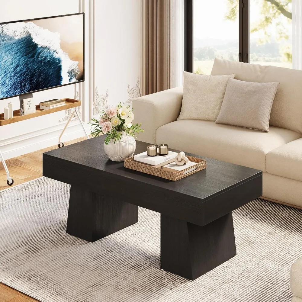 Farmhouse Coffee Table, 47 Inches Wooden Rectangular Accent Center Tables with Thick Base, Modern Low Cocktail Tea Furniture