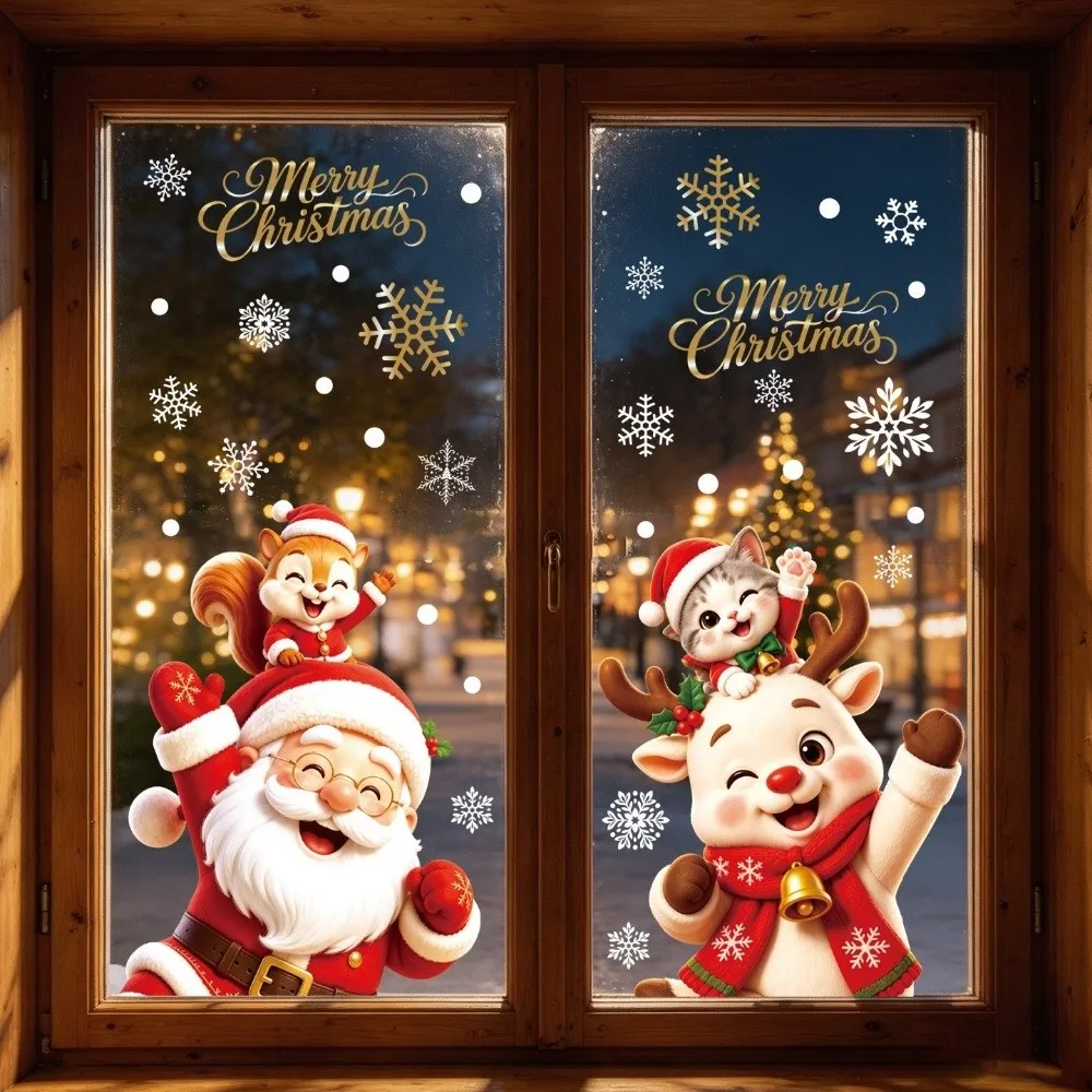 2 Sheets Santa Claus Christmas Window Stickers Deer Snowflake Static Window Stickers Cute Designs Self-Adhesive