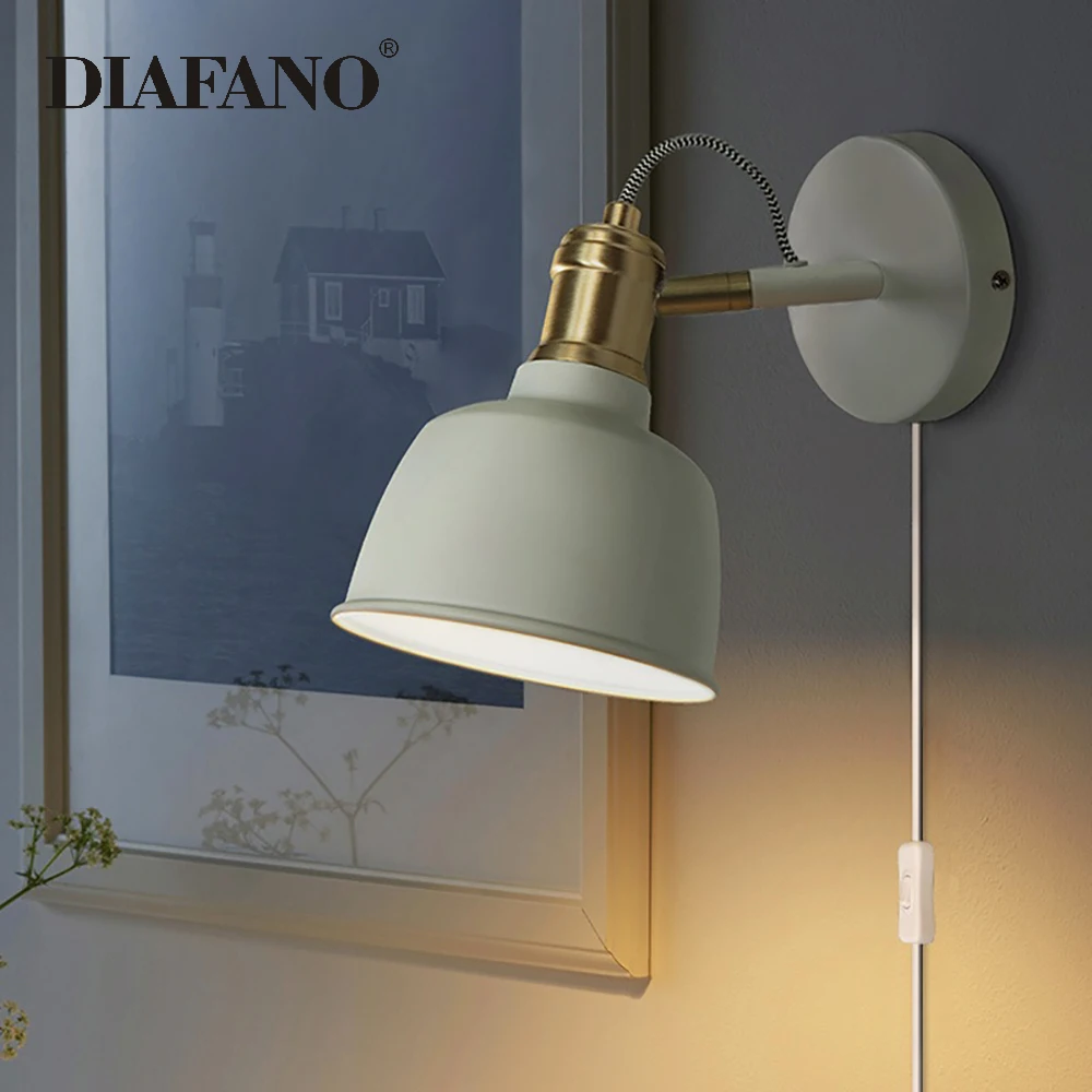 Nordic Modern Wall Lamp With Plug E27 Rotatable Metal Light Fixture Bedside Lamp Macaroon Wall Lights Study Room Balcony Stair