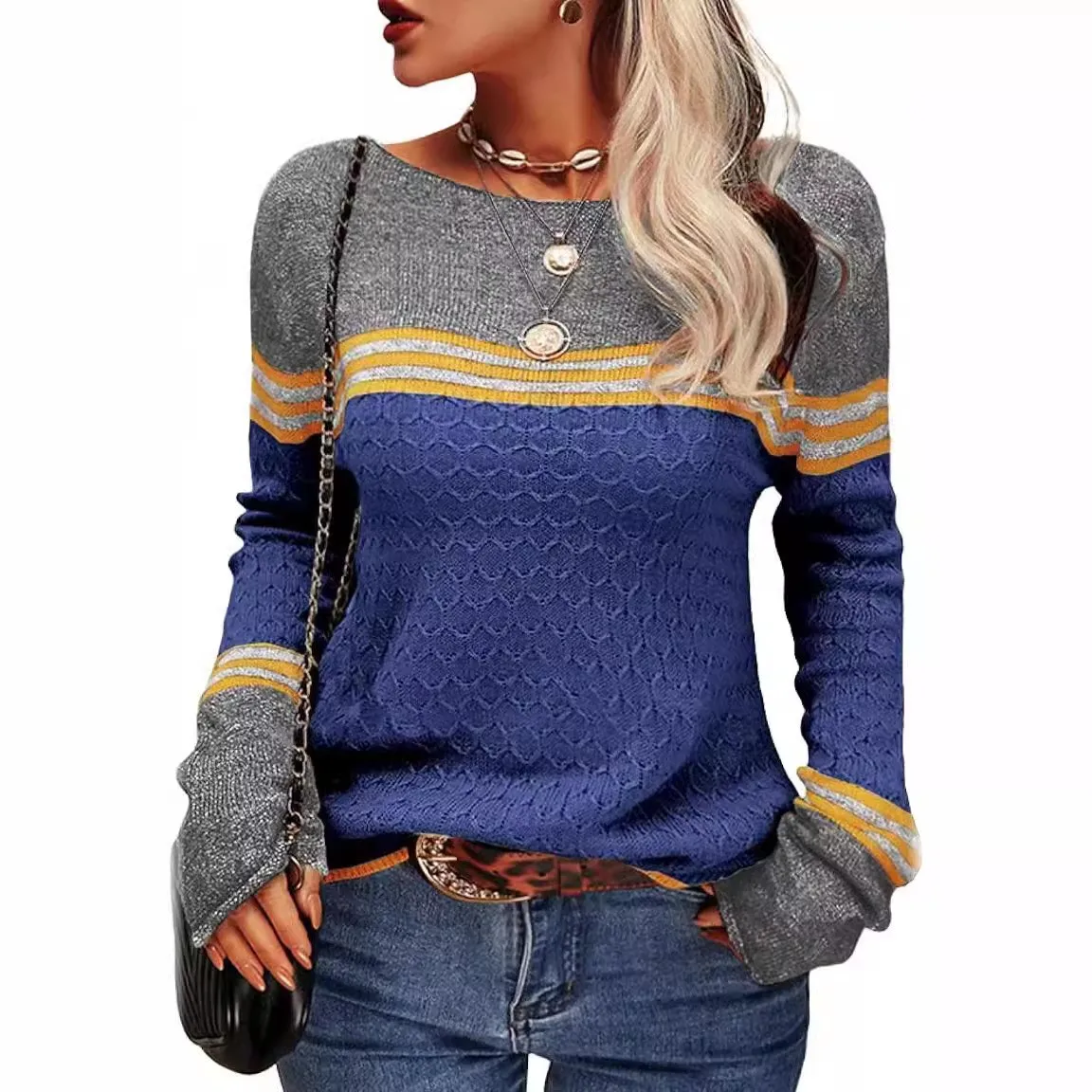 Round Neck Long Sleeve Top Standard Length Commuter Style with Heat Set Pullover Casual Medium Weight Women Long Sleeve Top