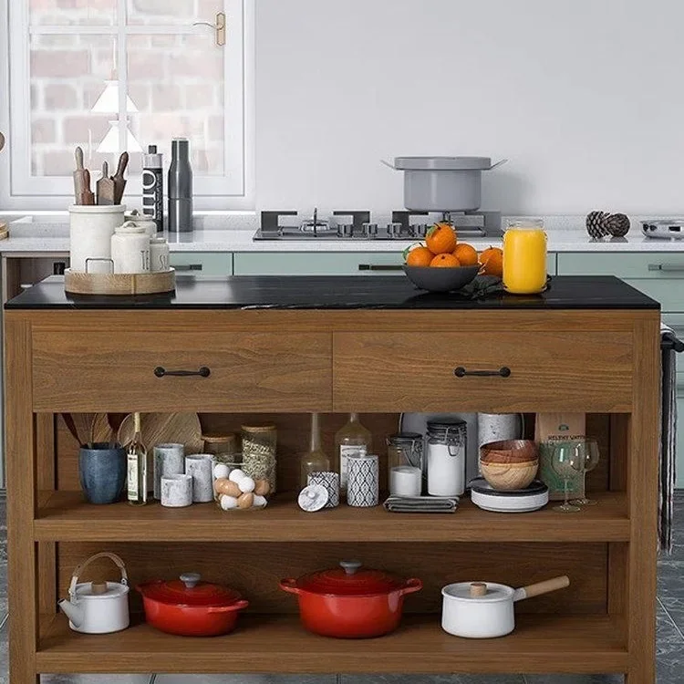 The kitchen island is movable, a separate cooking table, an open bar table, a household marble storage solid wood sideboard