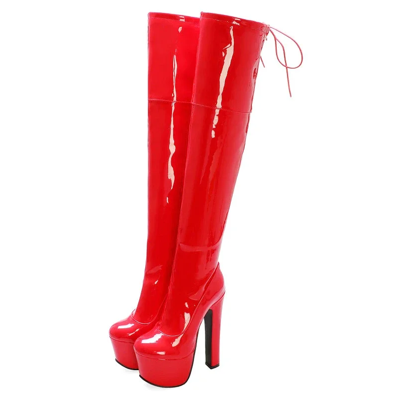 Couro envernizado vermelho sexy super grosso salto alto overknee botas elásticas plataforma strippers sapatos sobre os joelhos tamanho grande 46 45