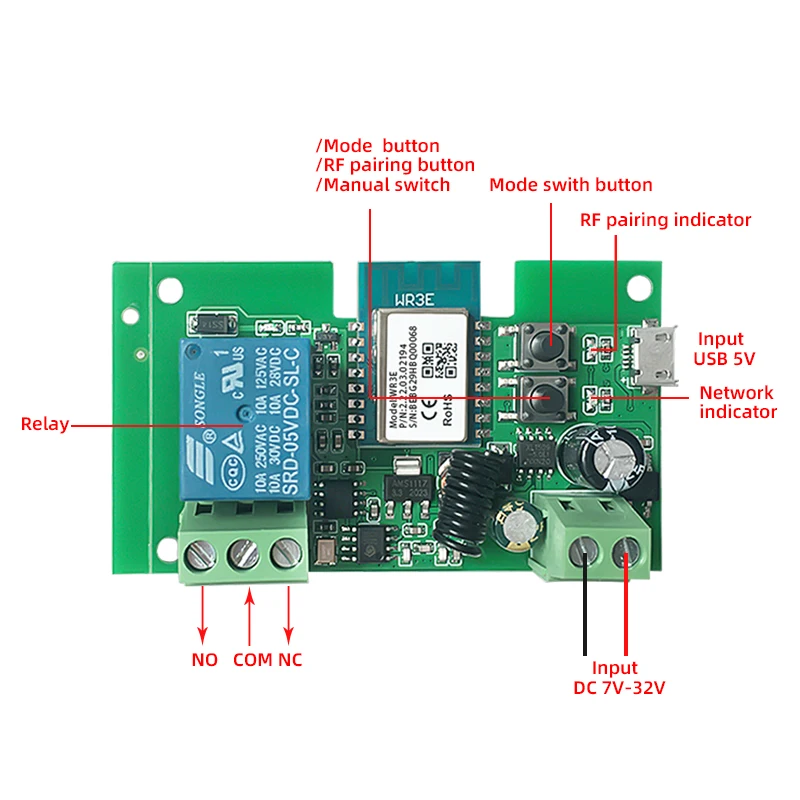 Módulo de Control remoto inalámbrico para puerta de garaje, interruptor de entrada Wifi de 1Ch, cc 12V 24V 32V, CA 220V, funciona con Alexa Alice