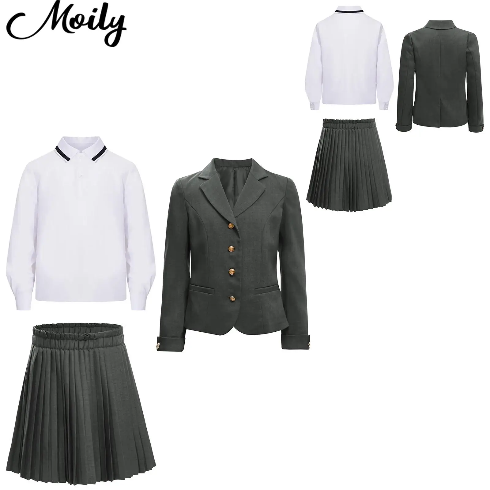 

Child Girls School Uniform Lapel Button Down Suit Jacket with Pleated Skirt And Turn-Down Collar Long Sleeve Pullover Shirt Suit