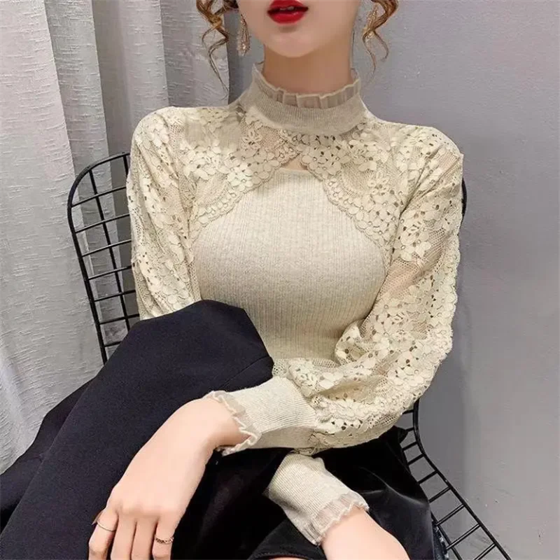 Knit Tshirt For Women Half High Neck T-shirt Solid color Pullover Long Sleeve Thin Bottom Hollow Out Loose Lantern sleeve Tees