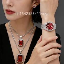 Hip Hop 4pcs Kit Silver Color Watch+nekclace +earrings Como Sets Bling Square Red Blue Black Crystal Cz Stone Men Jewelry Set