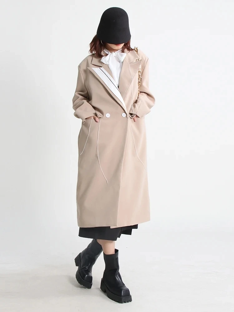 TWOTWINSTYLE Temperament Colorblock Spliced Pocket Trench For Women Lapel Long Sleeve Patchwork Button Casual Trenches Female