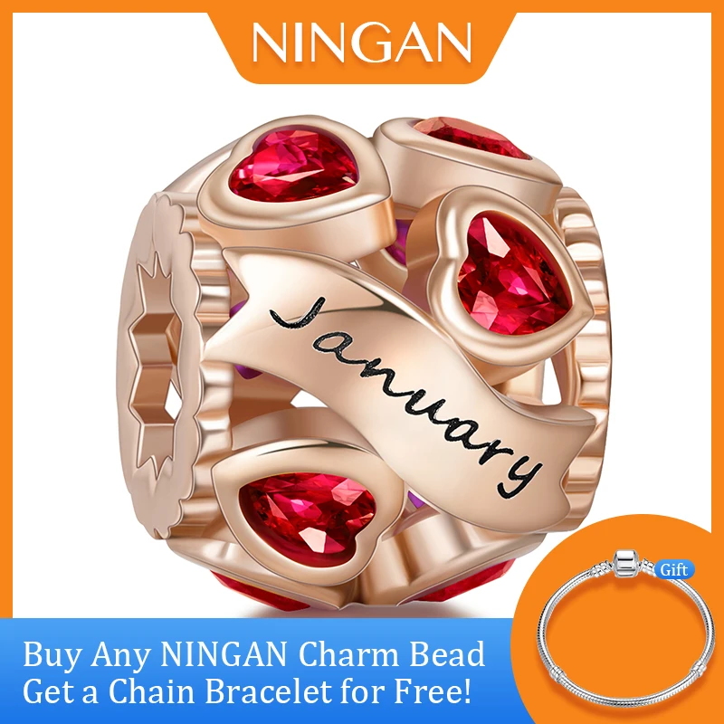 NINGAN Rose Gold Birthstone Charm January Birthday Gift Sterling Silver Beads Jewelry for Women Necklace Bracelet Making