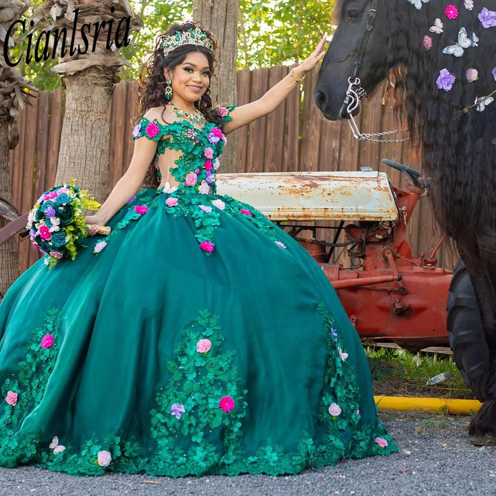 Vestidos verdes de quinceañera mexicana, apliques florales 3D hechos a mano, Vestidos de baile formales de princesa de cumpleaños, 15 y 16 Años