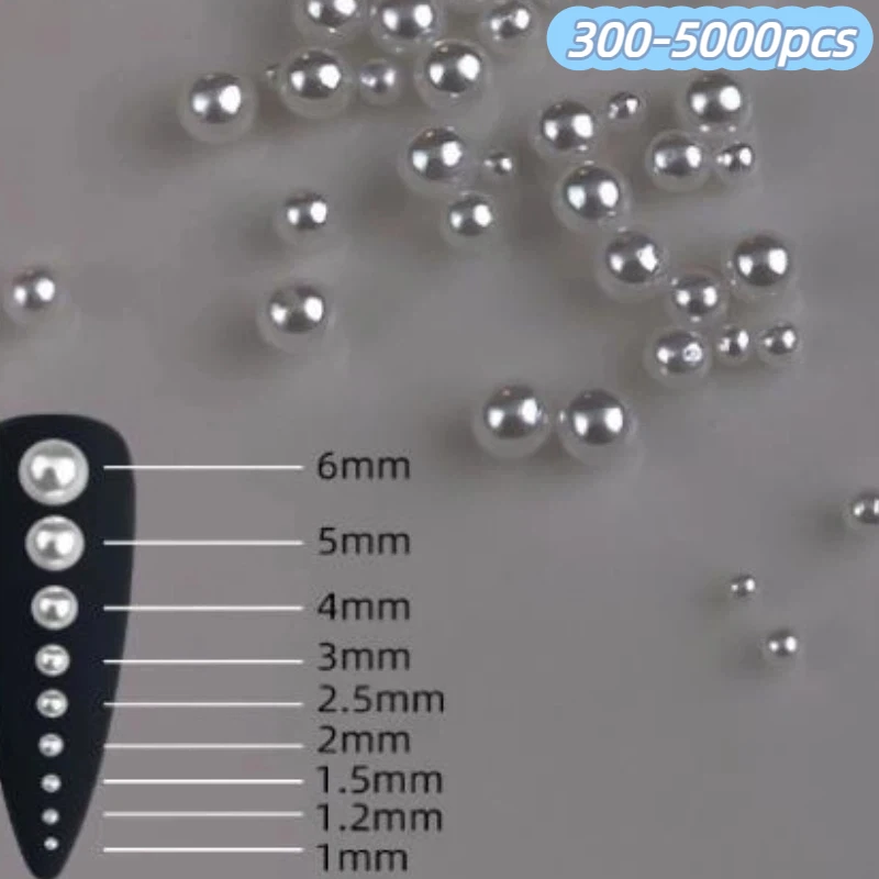300-5000pcs/Bag Pearls Pure White Nail Beads Rhinestone Round 1-6MM Mixed Size High Brightness Pearls For DIY Manicure Decor