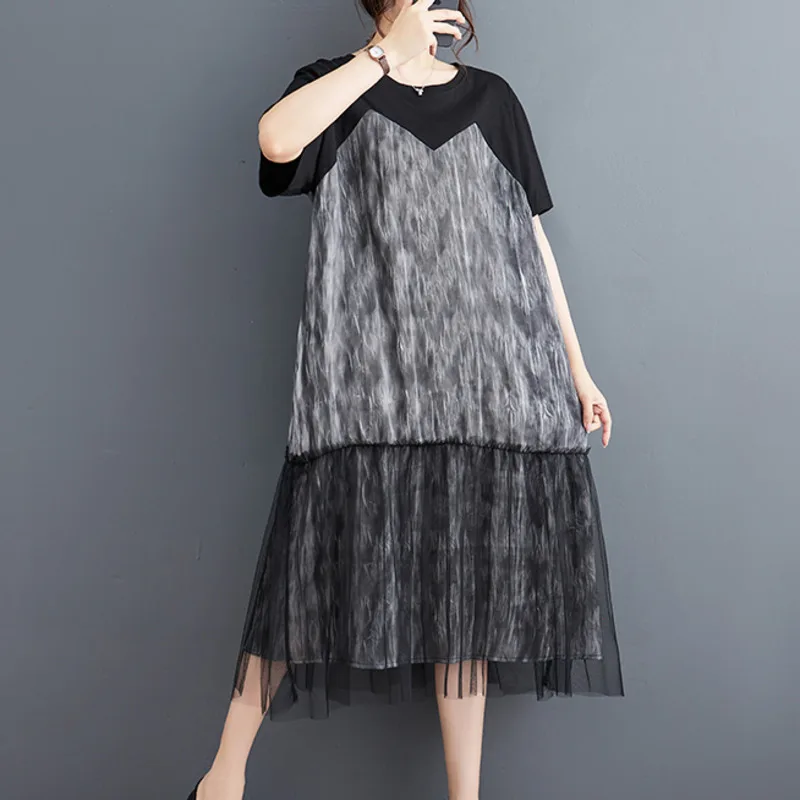 #6537 Black Tie Dye False Two Piece T Shirt Dress Spliced Mesh Vintage Dress Women Loose Streetwear Tshirt Dress Female Midi