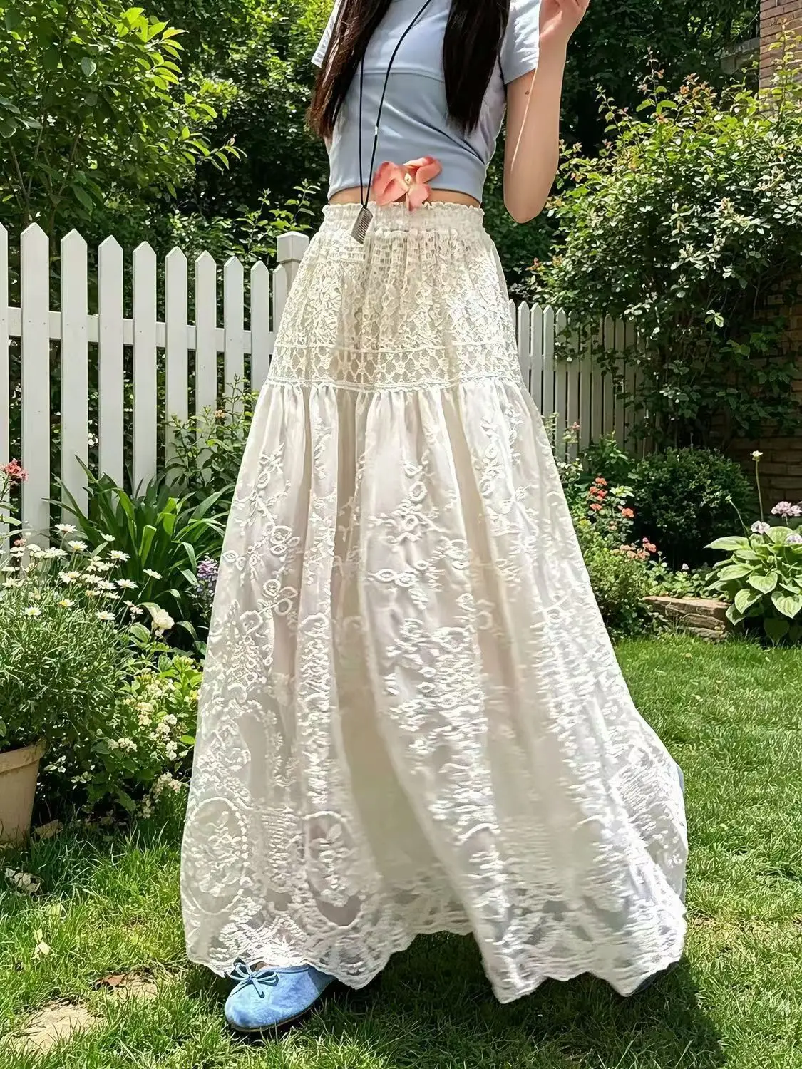 French Lace Mesh Pleated Skirt Women High Waist Casual Summer 2026 Slimming A-line Midi Skirts Elegant Lady Beach Skirts Clothes