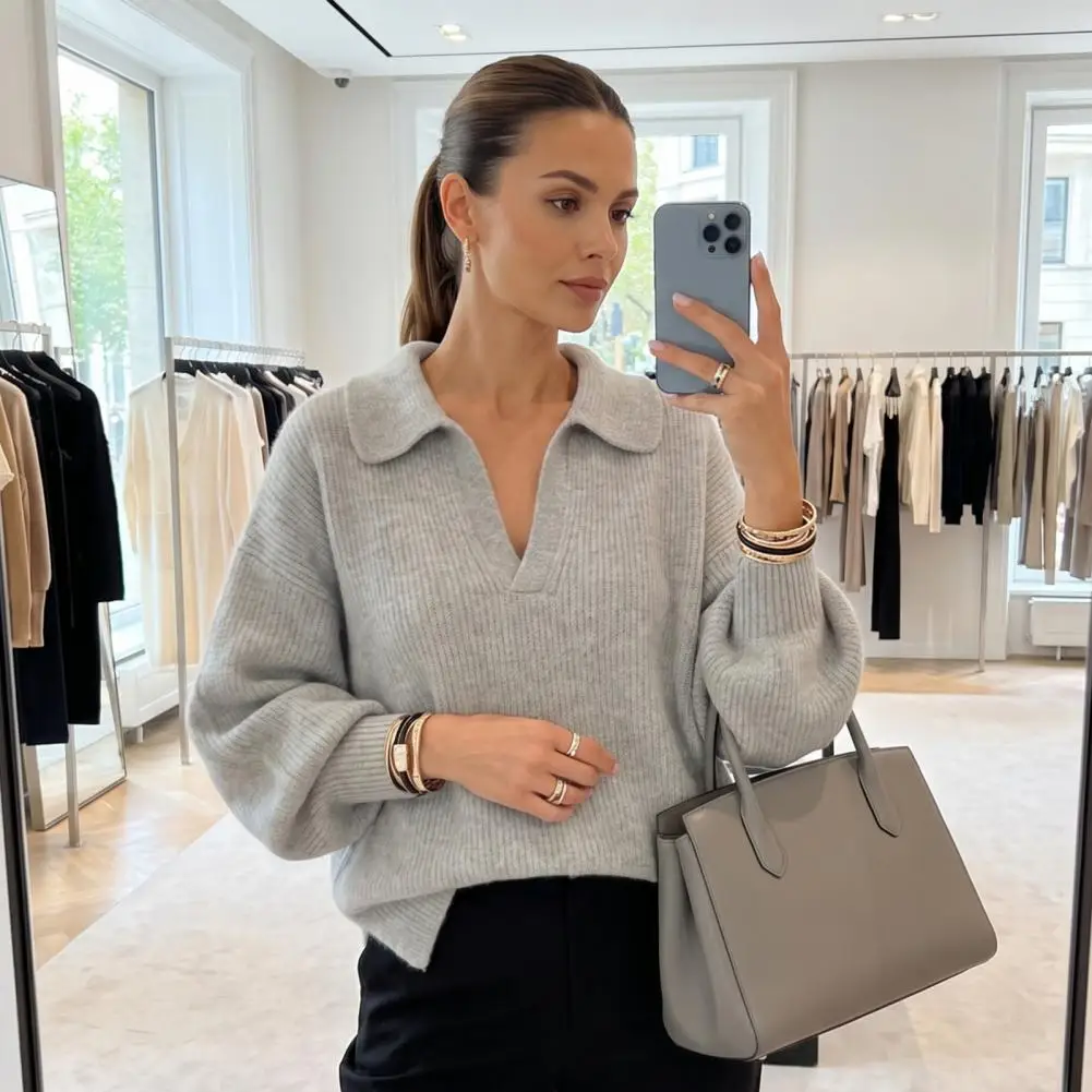 Streetwear Autumn Winter Knitted Sweater Women’s Lapel V-neck Pullover Solid Color Loose Fit Knitwear Outdoor Leisure Top Cozy