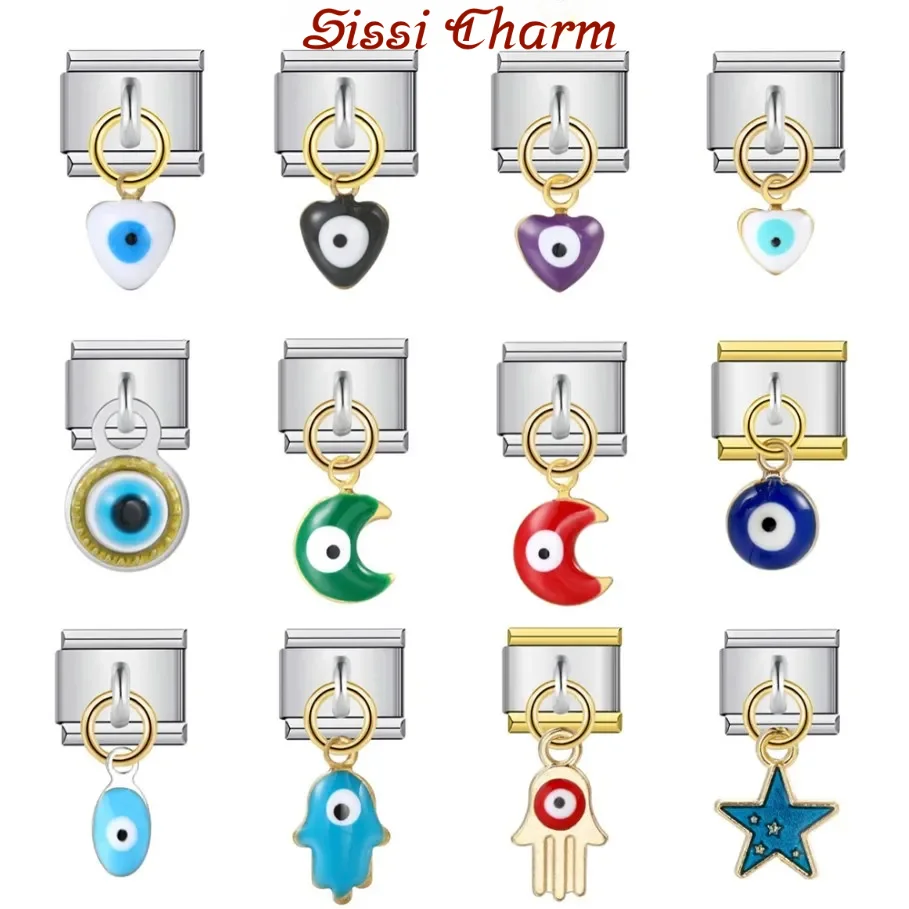 SISSI Fashion Y2k Colorful Eye Moon Star Pendant Charm Italian Links Fit 9mm Stainless Steel Bracelet Making DIY Jewelry