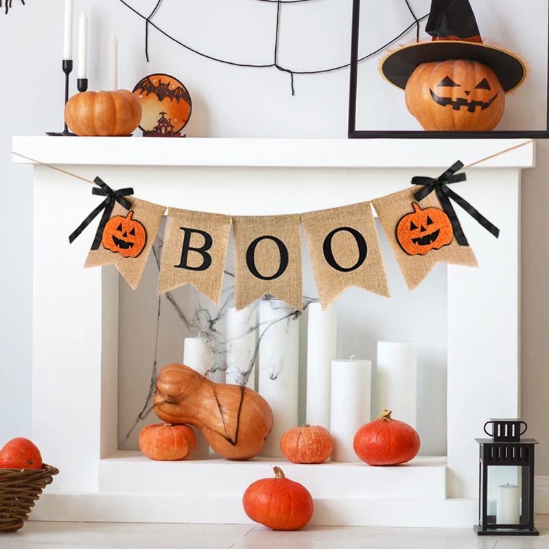 Halloween Burlap Banner Creative Pumpkin Boo Bunting Flag Rustic Hanging Garland Farmhouse Mantel Fireplace Halloween Home Decor