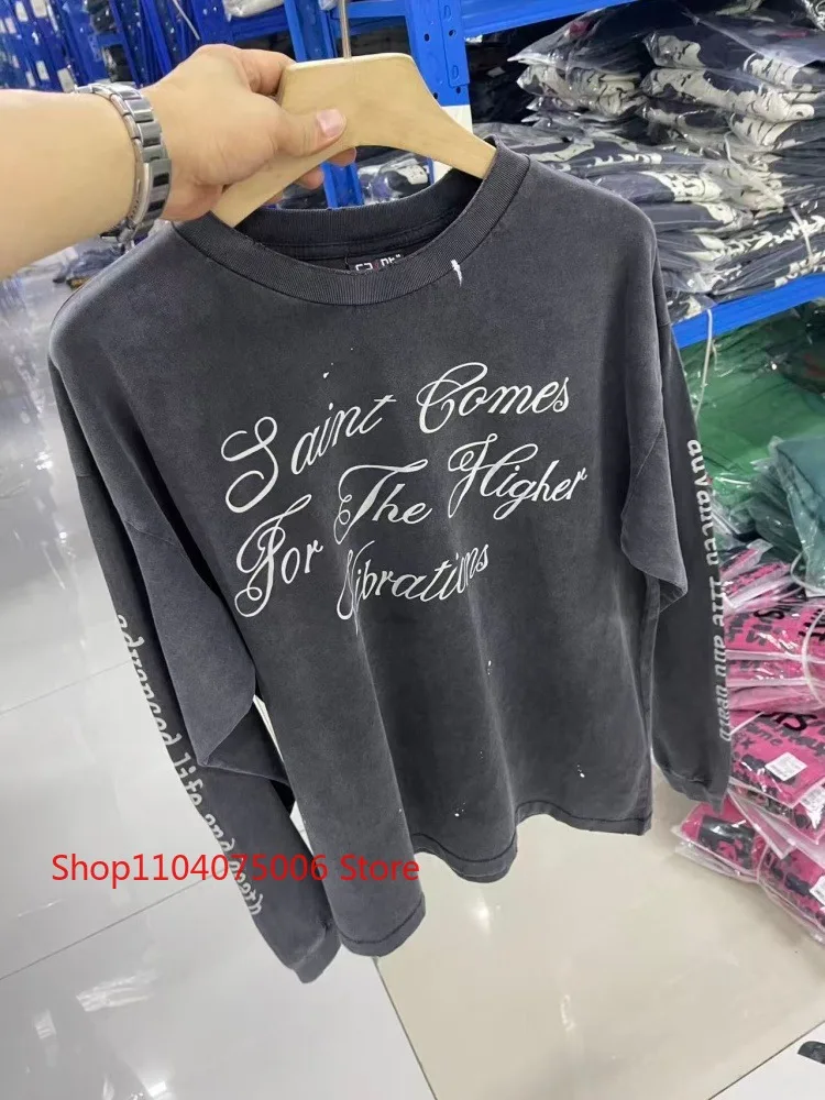 

Saint Long Sleeve T-Shirt with Back Skull Print Vintage Distressed Style Men's Streetwear Fashion Top
