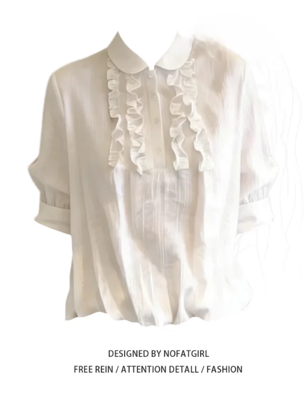 

plus Size Women's Chic Korean Style Shirt with Wood Grain Ruffle Long Sleeve Summer 2026 Breathable Polyester Fiber
