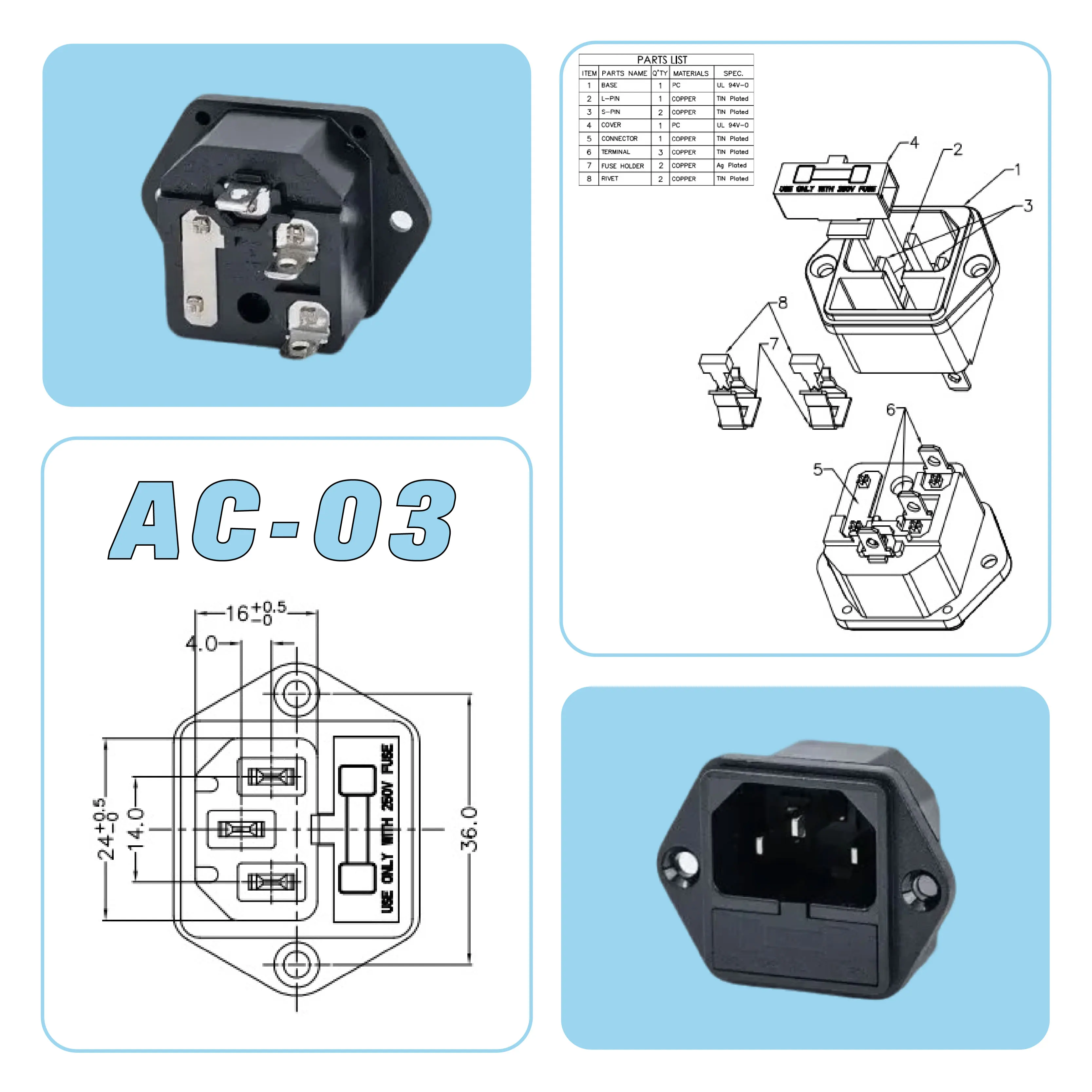 

IEC 320 AC-03 Мужской впускной разъем 3-контактная розетка для монтажа на панели с держателем предохранителя 10A 250V