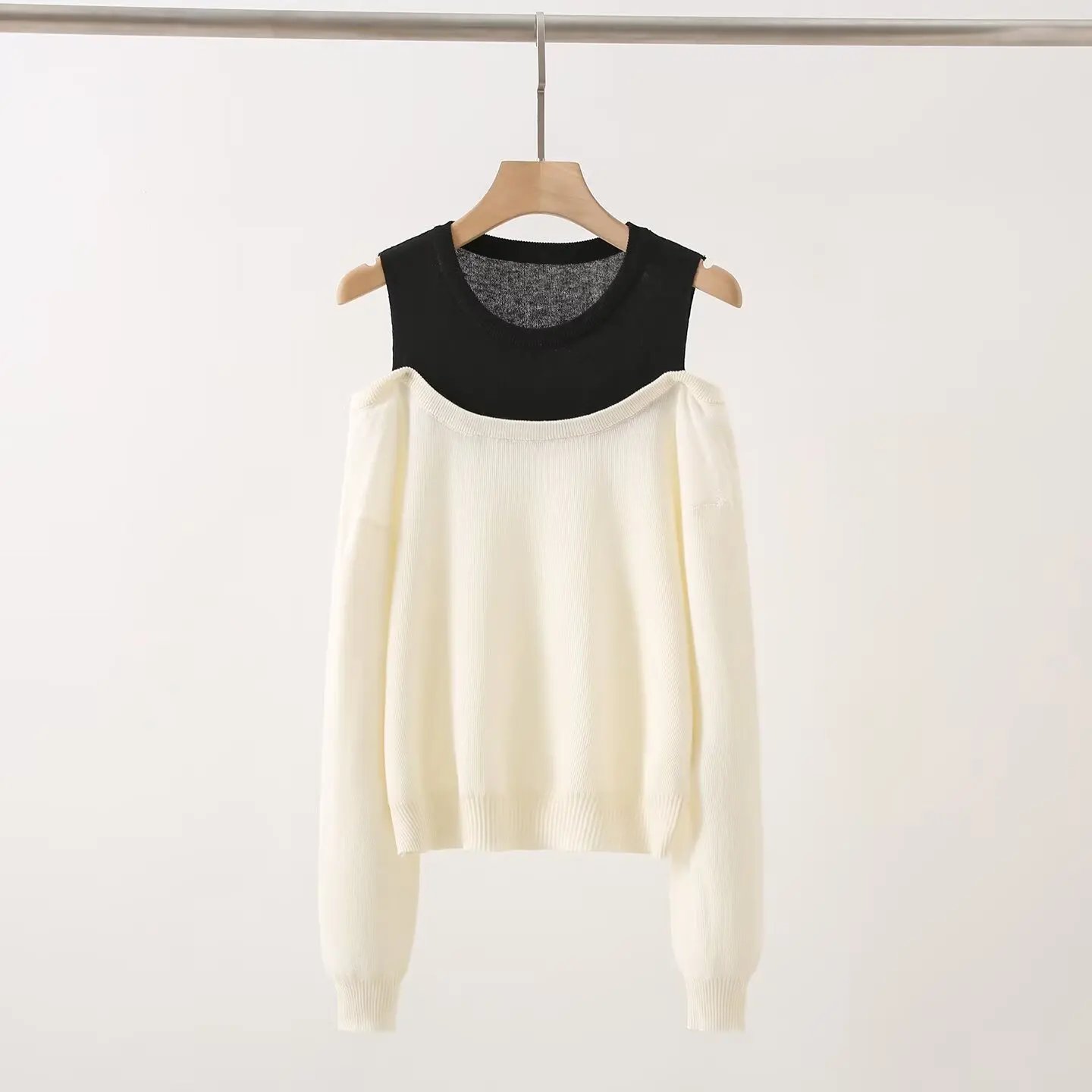 Ele oulder-bared tricots automne 2025 Sli épissage conception minceur haut tendance pour les femmes trajet Sle Long Sve