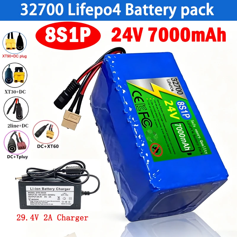 

New 32700 24V 7AH LiFePO4 Battery Pack 8S1P Built-in BMS for E-boat RV UPS Lawn Mowers E-Scooter Wheelchair +29.4V2A charger