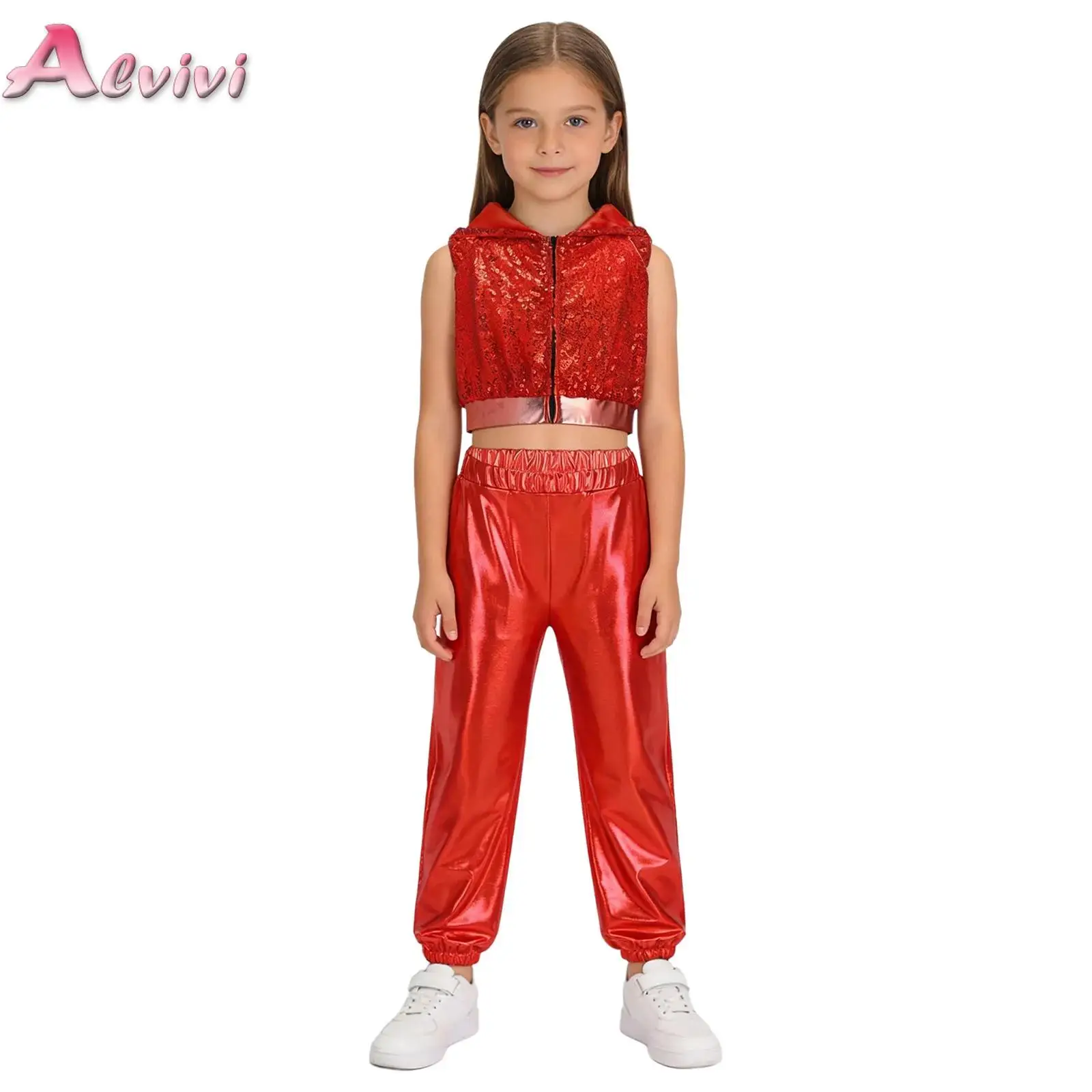 أطفال بنات الهيب هوب ملابس رقص الجاز بلا أكمام عارية الذراعين الجبهة زيبر تألق الترتر مقنعين المحاصيل مع مجموعة سراويل معدنية #1