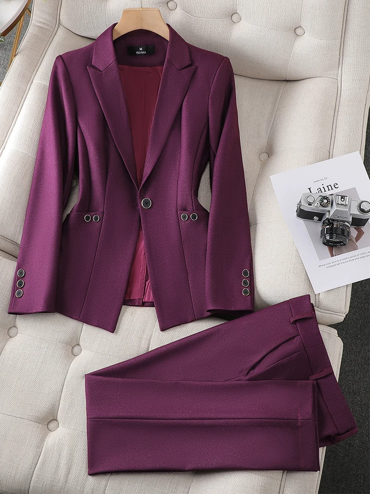 Ladies Blazer and Pant Suit Formal Green Purple Blue Black Solid Women Jacket Trouser Female Business Work Wear 2 Piece Set