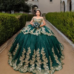 Emerald Green Quinceanera Dress Ball Gown Off The Shoulder Gold Lace Applique Beads Tull Corset Sweet 16 Vestidos De 15 Años