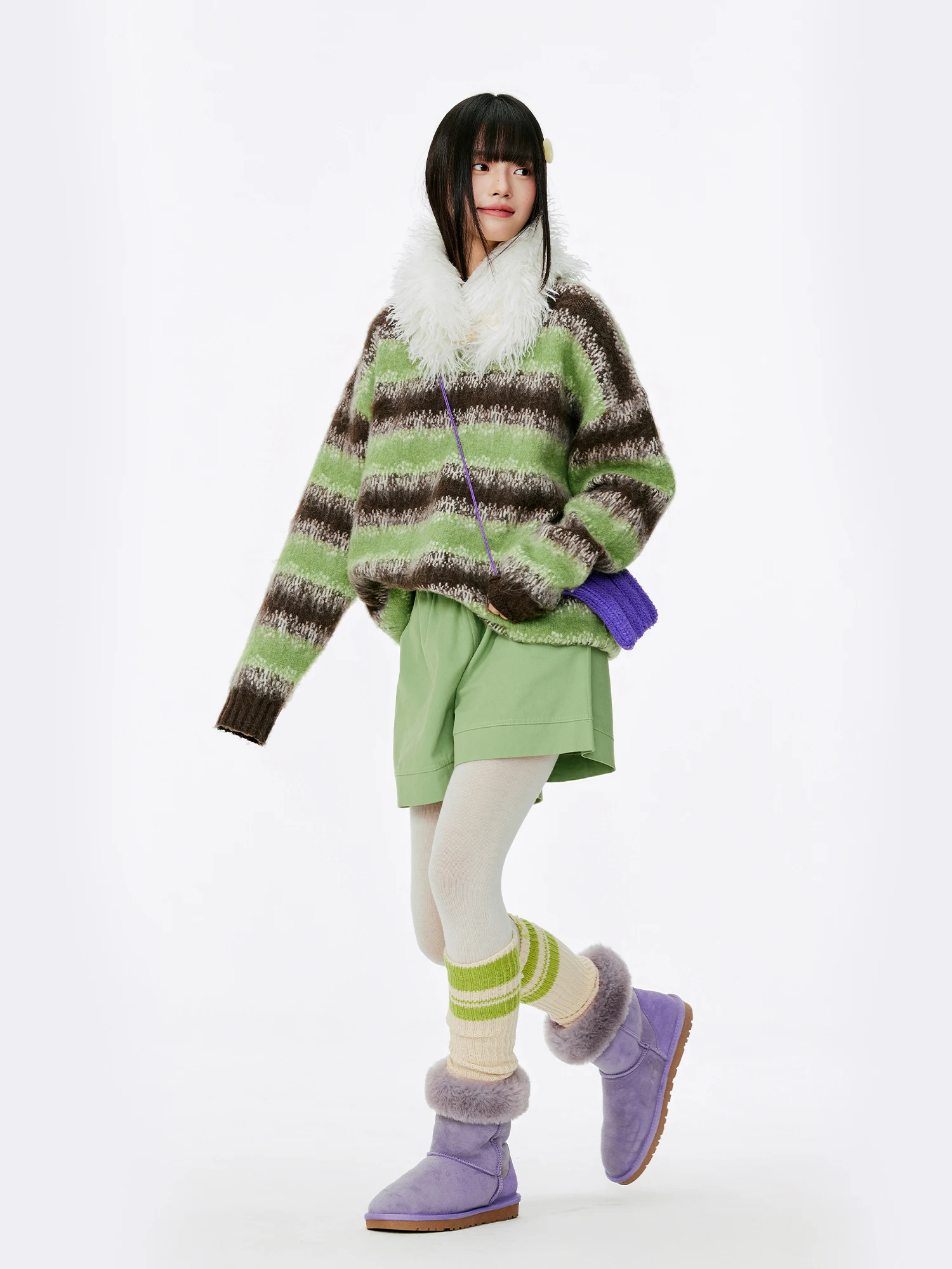 

Women's Loose Knitted Sweater Coat with Fur Collar Striped Design Autumn Winter New Sle Korean Sle Long Sve Crew Ne