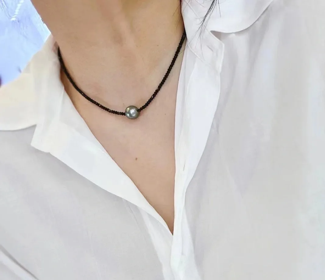 

9-10MM Tahitian Black Pearl Passepartout Super Sa Style Black Crystal 40+5cm Clavicle Chain