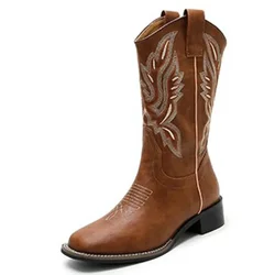 Luxury Brand Women Boots Embroidered Western Boots Leather Mid Calf Cowboy Boots Winter Chunky Heel Shoes Female Autumn Shoes