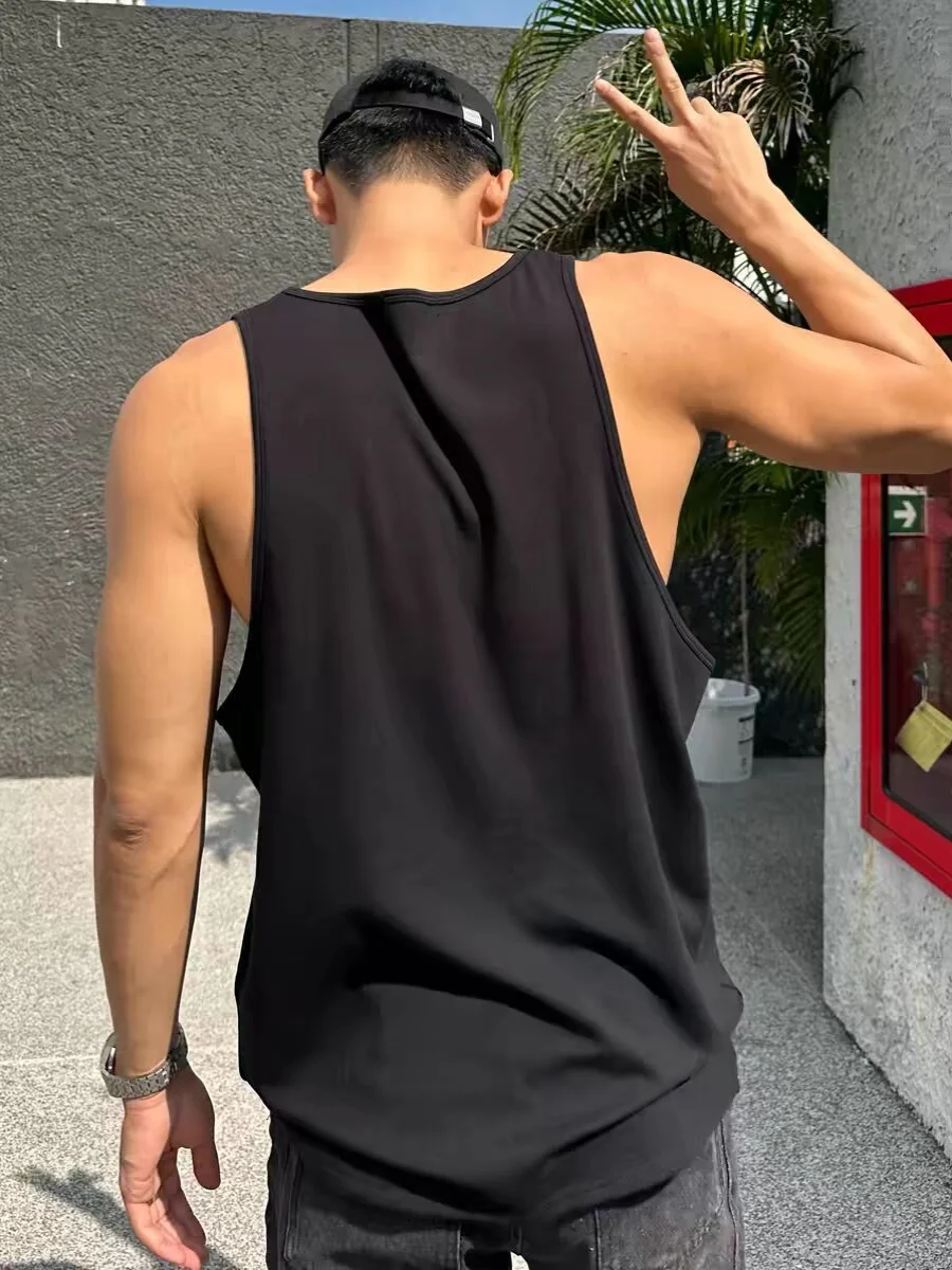 American Style Loose Fit Cotton Tank Top Large Collar Sleeveless T-Shirt for Men Fitness Training Gym Workout Shoulder Pad