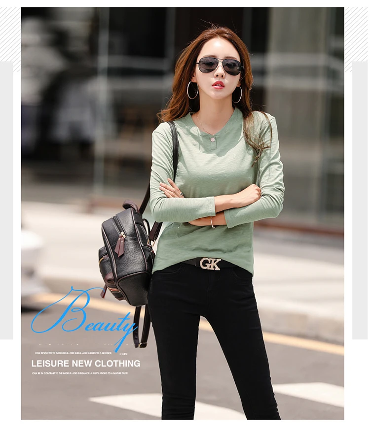 2026 Langarm Frühling Damen Slub-Baumwoll-T-Shirts mit Knöpfen, grüner V-Ausschnitt, einfarbiges T-Shirt, kaffeefarben, koreanische weiche, lockere Oberteile – Detail 1