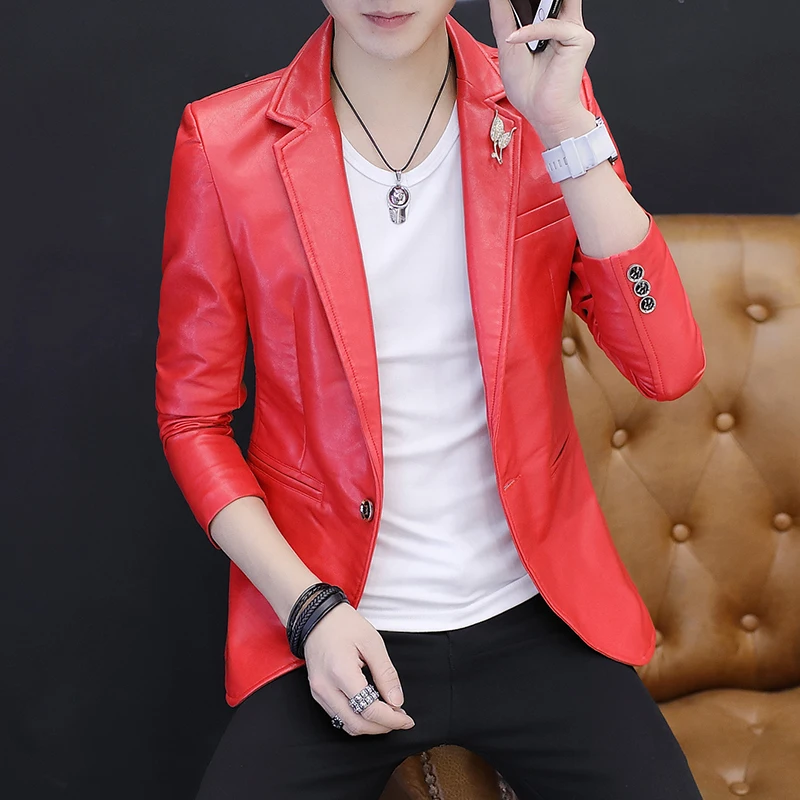 Youthful Personality Leather Jacket Slim Fit Men's Suit Fashionable Long Sleeve Coat Standard Edition No Ironing Required