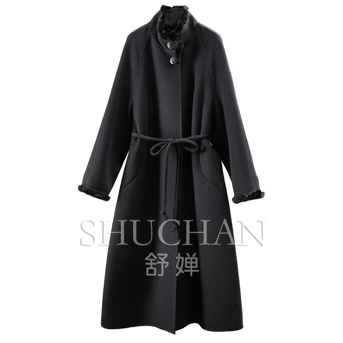TH old money war robe, cabinet cashmere wool ^ mink fur collar double-sided woolen medium-length coat women's E525