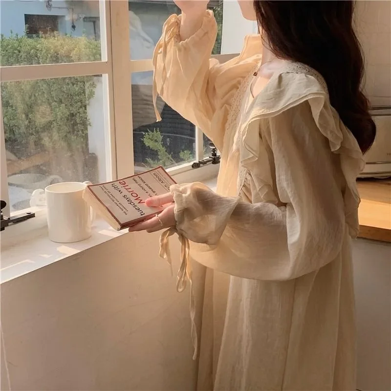 Woman Night Sexs Dress Plus Size Solid Color Nightdress Spring Summer Pajamas Female Sweet Long White Long Sleeve Loungewear