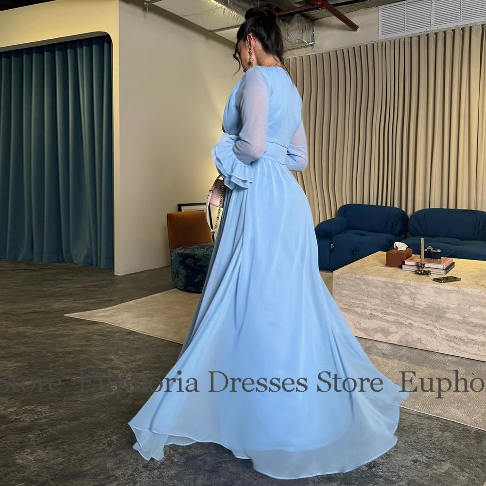 دبي المرأة فستاين سهرة/فساتين الحفلات الشيفون ألف خط فستان سهرة رسمي السماء الزرقاء الخامس الرقبة الطية Ruched الكشكشة فساتين لحضور الحفلات الموسيقية طويلة 2025