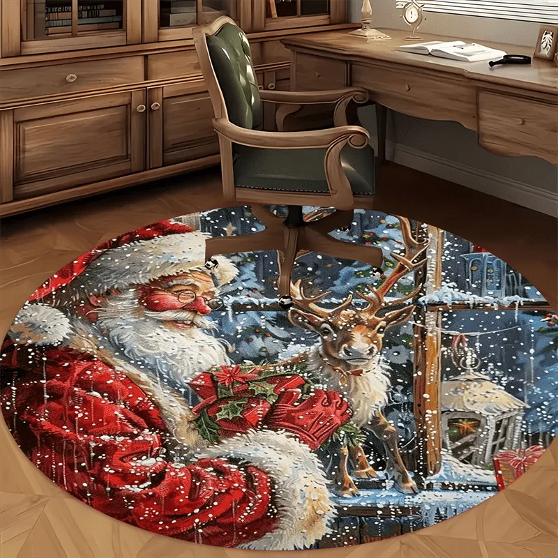 Vintage Santa Reindeer Round Rug 120x120cm for Study Home Office