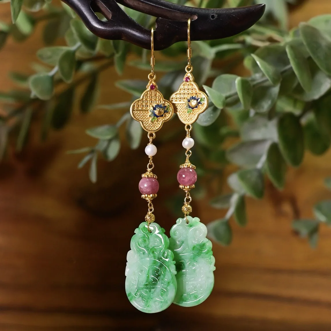 

Chinese Style A-Grade Floating Flower Carved Jade Earrings, Pink Tourmaline 925 Gold Plated, Gemstone Ear Jewelry Gift