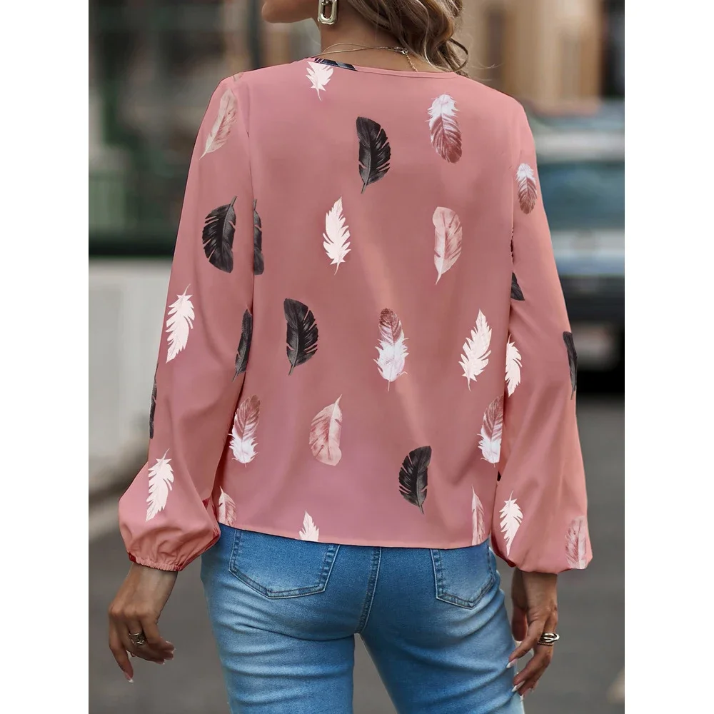 BWQ Fashion Woman Blouse Shirts For Women Stylish Top long Sleeve Feather Pattern Female Tops Elegant Chiffon  Woman Clothes