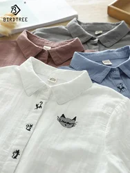 New Spring Cute Cat Embroidery Shirts Women Turn Down Collar Tops Girl Long Sleeve Loose Cotton Yarn Blouses Autumn T44302QH