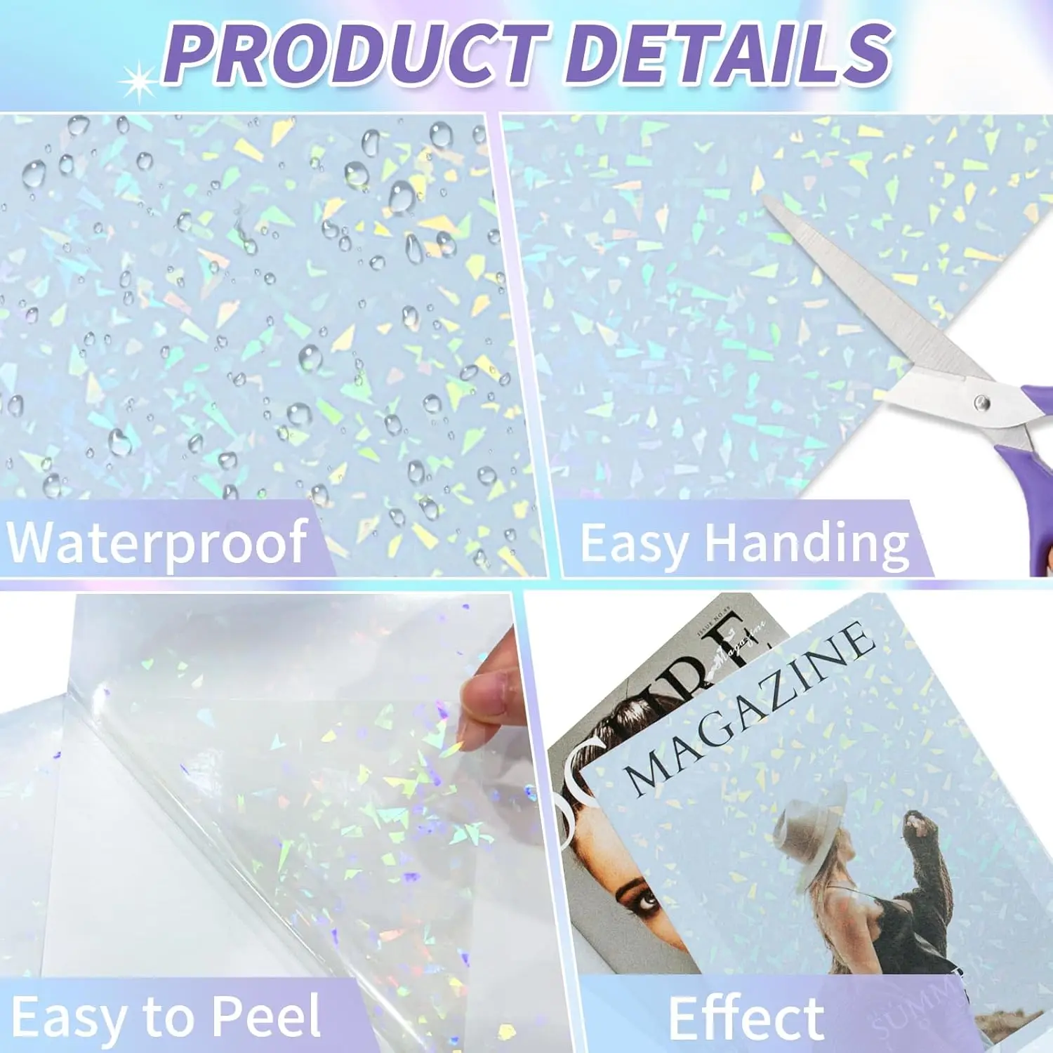 2.9 x 4.1 In 50 Sheets - Diamond Holographic Sticker Paper Glitter Clear Overlay Cold Laminating Film Self Adhesive Vinyl Sheets