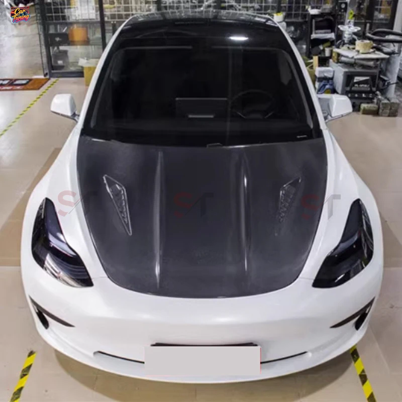 Suitable for Tesla Model 3 carbon fiber hood modification, car cover, front bumper