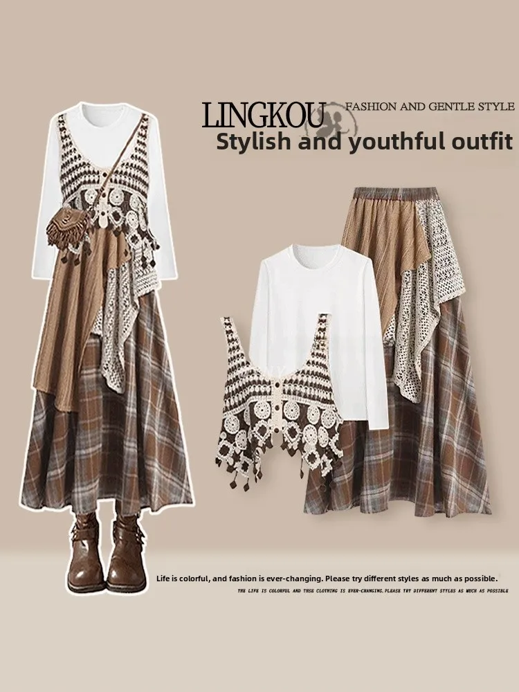 

Осенний комплект футболок большого размера на тему русалки для женщин с круглым верхом Ne, винтажный дизайн жилета и юбки