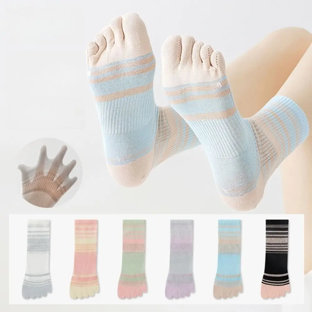

Модные дышащие носки-трубочки с пятью пальцами, тонкие сетчатые хлопковые носки средней длины, в полоску, конфетных цветов, с раздельными пальцами, для девочек