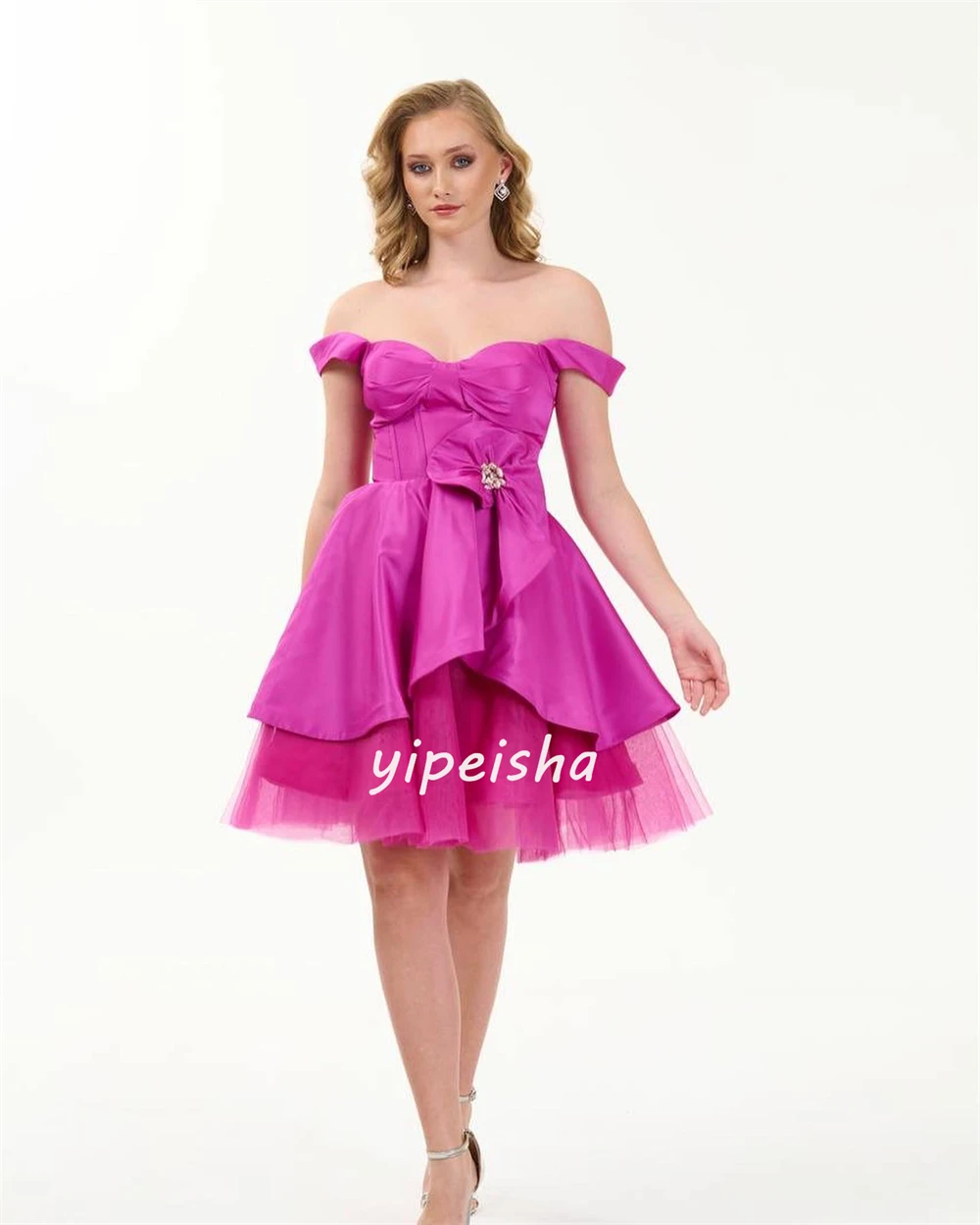 Satin Rhinestone Pleat Beach A-line Off-the-shoulder Bespoke Occasion Gown Knee Length Dresses